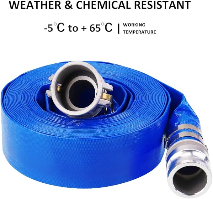 2" x 100' Heavy Duty Discharge Hose Blue PVC Backwash Hose for Swimming Pools, Reinforced Pool Drain Hose with Aluminum Camlock C and E Fittings, Cam Lock Fitting Type F included