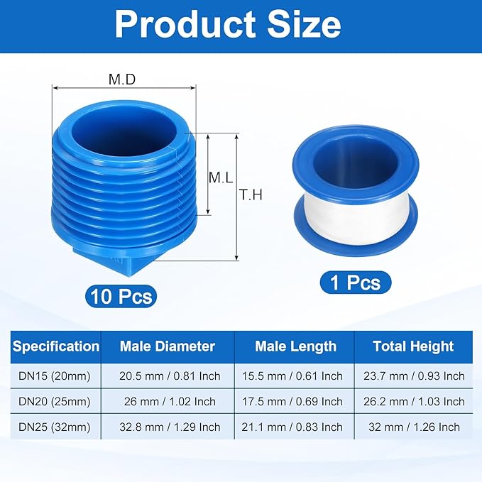 uxcell 10Pcs 1 Inch PT Male Thread PVC Pipe Fitting Plug, Cleanout Plugs, Water Drain End Caps Coupling Adapter with Tape for Water Heater Supply Lines, Plumbing, Blue