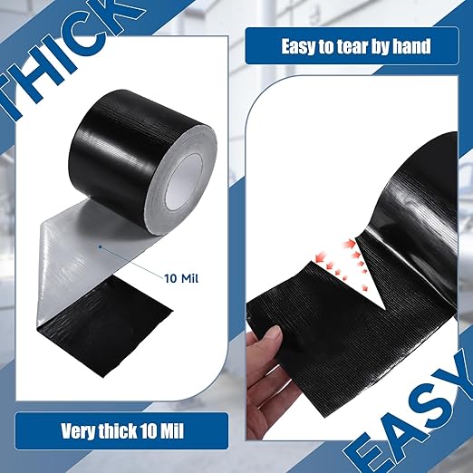 Heavy Duty Black Duct Tape, 10 Mil Extra Thick, 3 in x 60 Yds (180 ft), Waterproof, Strong Adhesive, No Residue, Multi-Purpose Home Repairs, Tearable for Indoor and Outdoor Use