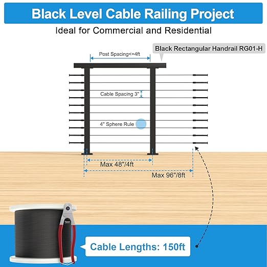 36" Cable Railing Post Kits, Flat Top Cable Post System Includes 2Pack Updated 35" Level Drilled Posts, 1/8" Black Wire Rope with Cutter, Swageless Cable Railing Tensioner System Kit, RG31
