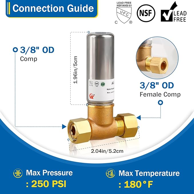 Water Hammer Arrestor 3/8" OD Comp x 3/8" FEM Comp Tee, Stainless Steel Hammer Arrestor, Applicable for Faucet, Dishwasher and Water Dispenser(Pack of 2)
