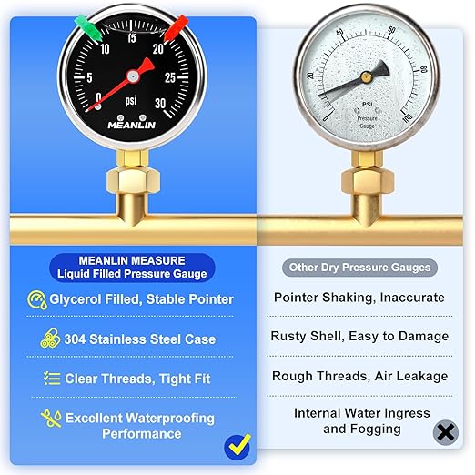 MEANLIN MEASURE 0~30Psi Black Stainless Steel Pressure Gauge, Glycerin Filled 1/8" NPT 1.5" FACE DIAL, Liquid Filled Pressure Gauge WOG Water Oil Air Lower Mount (with 2PCS Snaps)