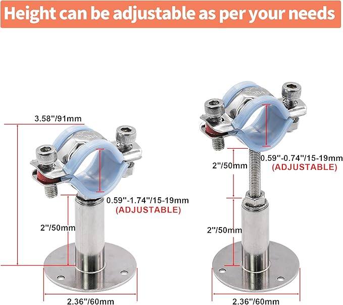 AKIHISA 2 Pcs 304 Stainless Steel Pipe Supports, Wall Mount Ceiling Mount Pipe Hanger, Pipe Holder for OD Pipe 15-19MM Adjustable Height Range 50-100mm