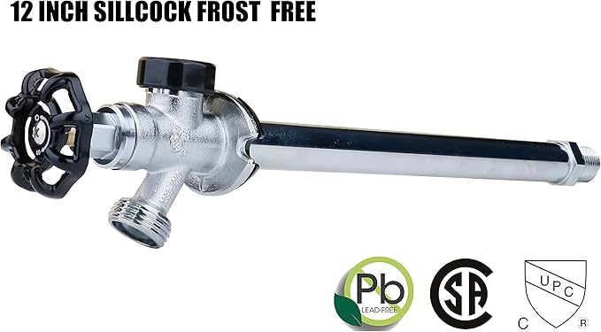 WHK Brass 12" Frost Proof Outdoor Faucet, Anti-Siphon Sillcock, Polished Chrome, 1/2" MIP x 3/4" Hose Bibb