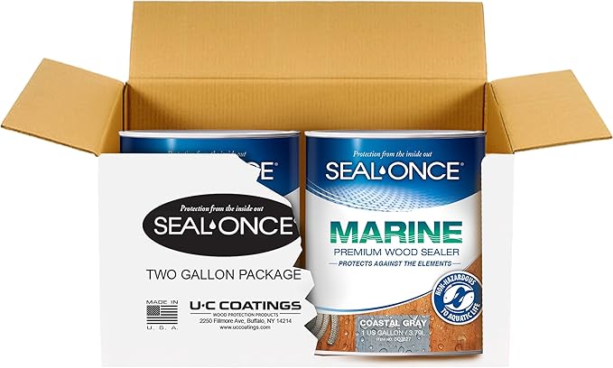 SEAL-ONCE Marine Ready Mix - 2 Gallon Penetrating Wood Sealer Waterproofer & Stain (Coastal Gray). Water-Based, Ultra-Low VOC Formula for high-Moisture Areas to Protect Wood Docks, Decks & Piers.