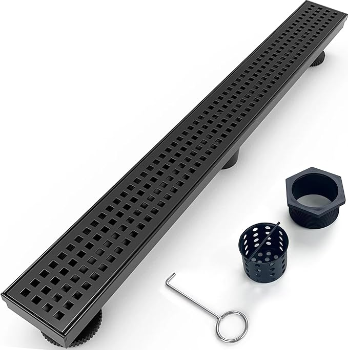 36 Inch Removable Cover Linear Shower Drain 304 Stainless Steel Rectangular Floor Drain for Kitchen Bathroom Square Hole Drain with Accessories Hair Strainer Adjustable Leveling Feet (Matte Black)