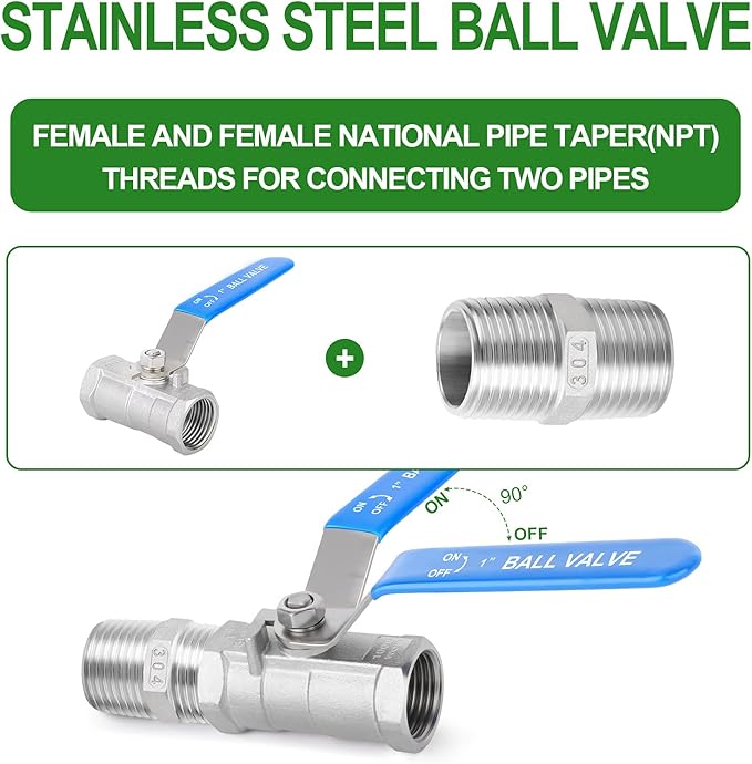 TAISHER 4 Pcs 1 Inch FNPT Ball Valve Kit, 304 Stainless Steel with Blue Handles & Nipple