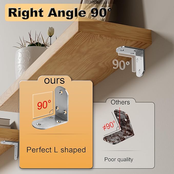 Alise 4Pcs Stainless Steel L Brackets for Shelves, Small Floating Shelf Brackets, 90 Degree Right Angle Bracket, Heavy Duty Metal L Bracket Corner Brackets for Wood Furniture (Brushed, 2.56X2.56 in)