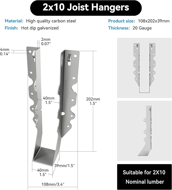 2X10 Joist Hanger LU210 Galvanizing Face Mount Joist Hangers for Wood Hurricane Ties Widely Applicable Rafter Ties - 50 pk