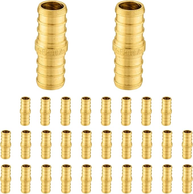 30-Pack Foskan 3/8 Inch PEX Straight Coupling,Brass Crimp Fittings for PEX Tubing Pipe