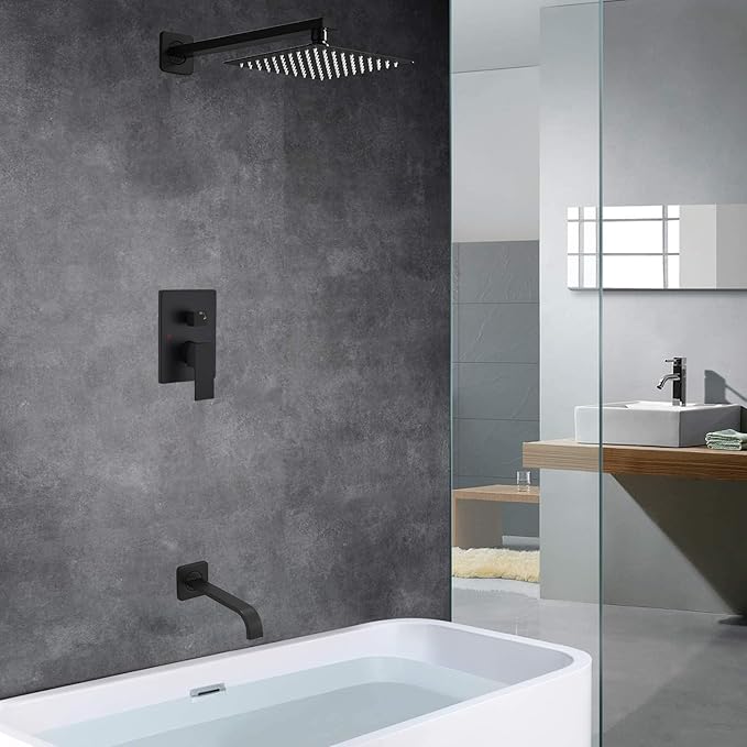 Matte Black Shower Faucet Set with Tub Spout Bathroom Luxury Rain Mixer Shower Head System Wall Mounted Shower Faucet Complete, Single Handle Tub and Shower Trim Kit with Rough-in Valve