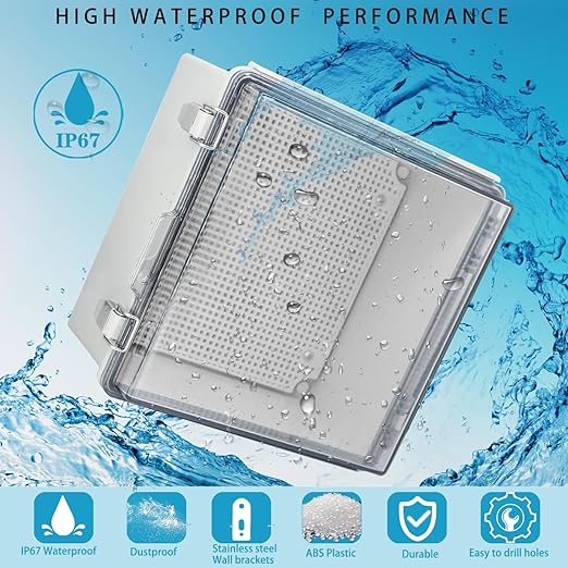 Waterproof Electrical Box with Mounting Plate, IP67 Junction Box Stainless Steel Latch Hinged Clear Cover Project Enclosure with Wall Bracket and 2 Glands 8.3" x 8.3" x 5.1"