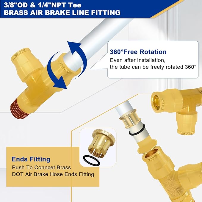 3/8" DOT Brass Air Line Fittings, 3PCS 3/8" OD Tube 1/4" Side NPT Brass Tee Union Push to Quick Connect Air Hose Fittings
