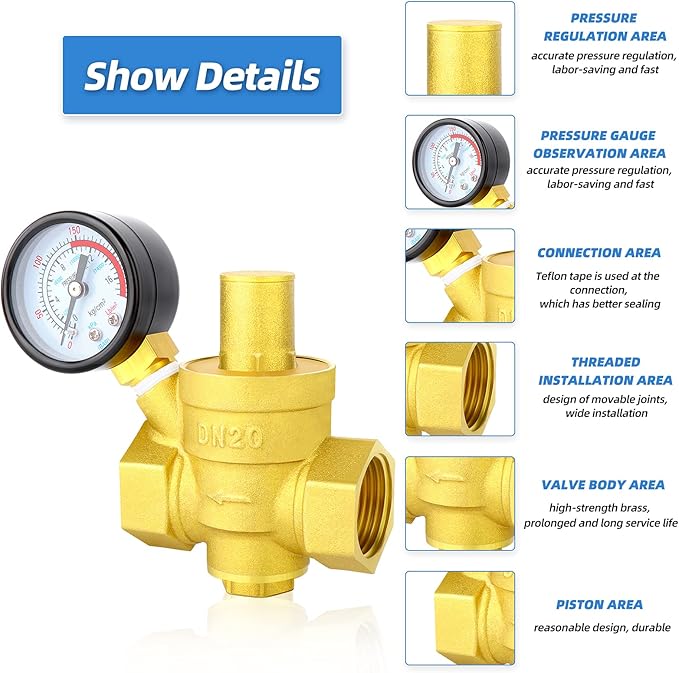 MEANLIN MEASURE 3/4 inch brass Water pressure regulating valve, pressure regulating valve, pressure reducing valve, DN20, with 0-250PSI pressure gauge Yellow