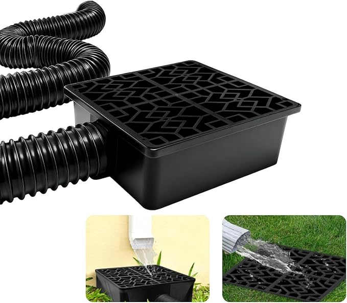 Rain Gutter Downspout Extensions with 10×10in Catch Basin, Low-Profile Downspout Extender, Flexible Drainage Pipe Extends to 6.5ft, French Drain Kit & Rainwater Diverter for Foundation Protection
