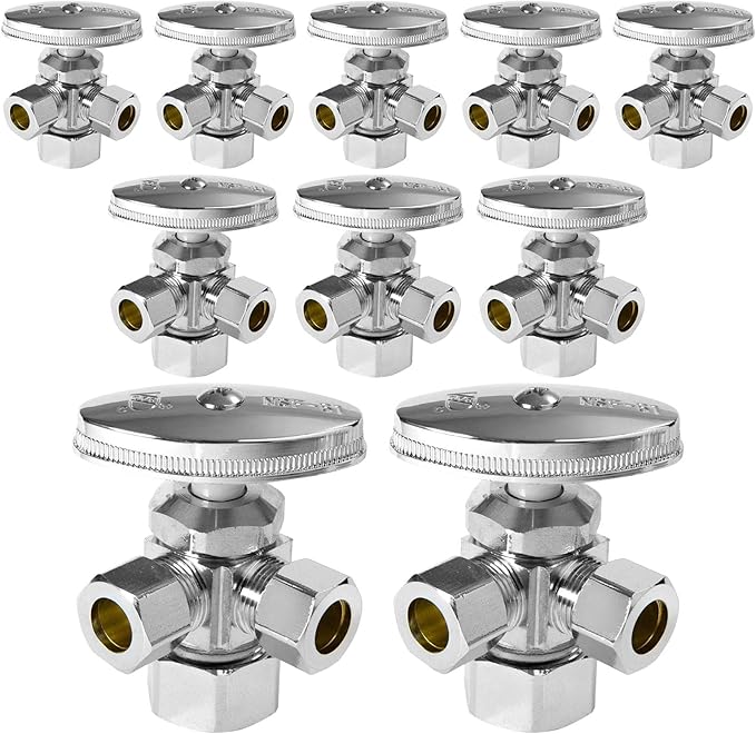 (Pack of 10) Seelink Multi-Turn Dual Outlet Angle Stop Valve, 1/2" NOM (5/8" OD) Inlet x 3/8" OD Outlet x 3/8" OD Outlet, Chrome Plated Brass