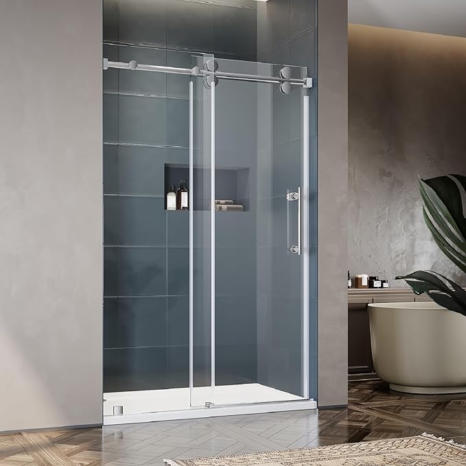 50-55 Inch x 76 Inch Sliding Frameless Shower Door, 3/8" Tempered Glass with Easy-Cleaning Coating, Stainless Steel Rollers & SGCC-Certified Stability, Bright Chrome