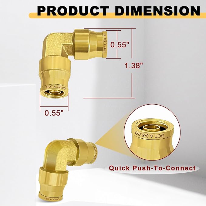 Siptenk 3PCS 3/8" Elbow DOT Brass Push to Connect Fittings, 3/8" OD Tube Air Brake Line Quick Connect for Truck Trailers Industry Air System