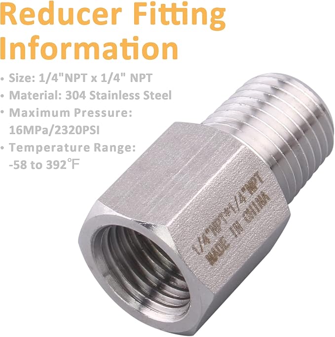 Forged Reducer Adapter Fitting - Stainless Steel 304 Reducing Pipe Connector, 1/4" NPT Female x 1/4" NPT Male (pack of 2)