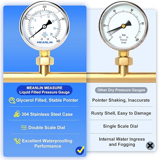 MEANLIN MEASURE 0~400Psi Stainless Steel 1/4" NPT 2.5" FACE DIAL Liquid Filled Pressure Gauge WOG Water Oil Air Lower Mount, with 1/4" x 1/2" NPT and 1/4" x 3/8" NPT Hex Bushing