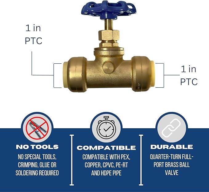 XFITTING 1 inch Push Fit Stop Valve with Drain and Vent, Push to Connect Brass Plumbing Fitting, Pex Pipe, Copper, CPVC, PE-RT, HDPE, 2-5-3=5, 5 Pieces