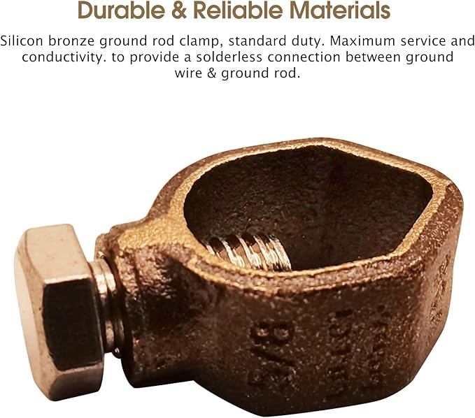 Silicon Bronze Ground Rod Clamp,UL & CSA listed,Great for 1/2”- 5/8’’ Grounding Rods (1, 1/2''-5/8'')