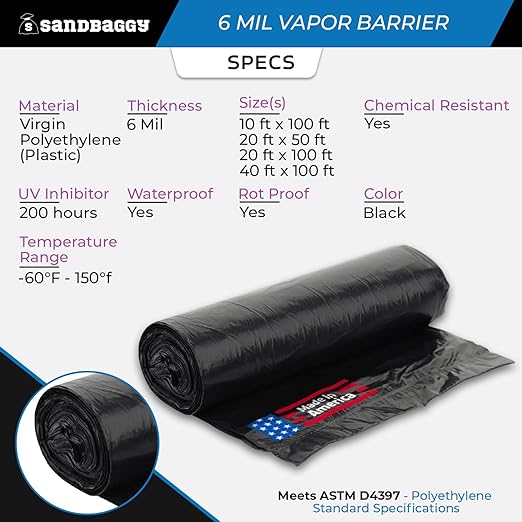 Sandbaggy 20 ft x 100 ft Vapor Barrier 6 Mil | Polyethylene | Black Plastic Sheeting Rolls | Moisture Barrier for Crawl Spaces, Concrete and Laminate Underlayment, Walls (8 Rolls)