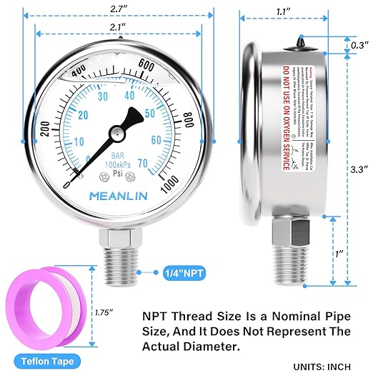 MEANLIN MEASURE 0~1000Psi Liquid Filled Pressure Gauge Stainless Steel with 316 Stainless Steel Joint 1/4" NPT 2.5" FACE DIAL for WOG Water Oil Air Lower Mount