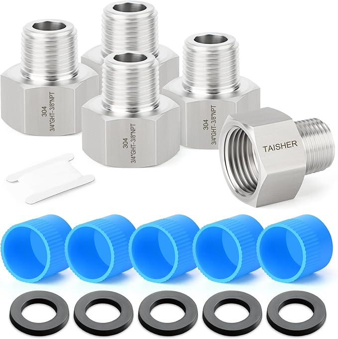 TAISHER 5PCS 304 Stainless Steel Garden Hose Adapter, 3/4" GHT Female x 3/8" NPT Male Garden Hose Connector with Washers