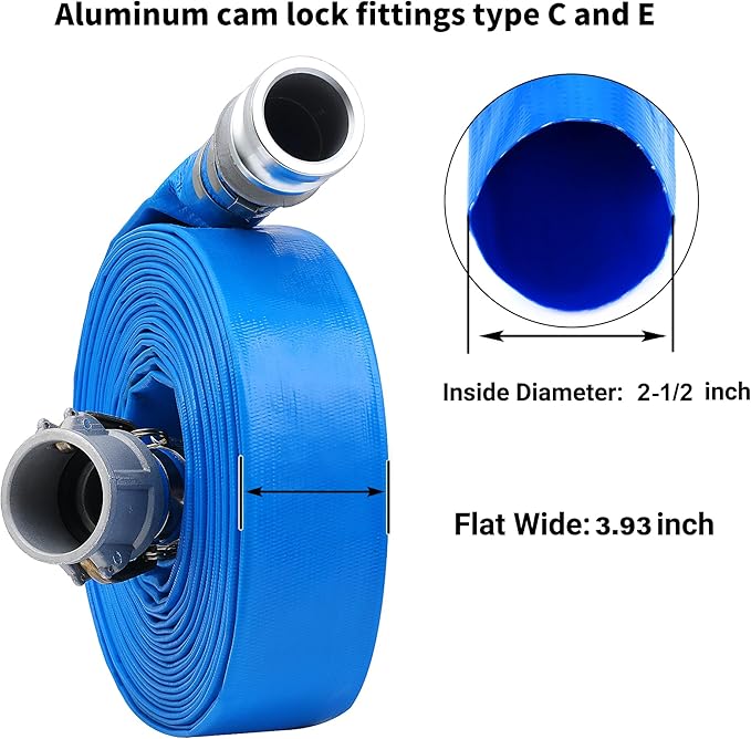 2-1/2" x 100ft PVC Lay Flat Discharge Hose With Aluminum Camlock C & E Fittings, Cam Lock Fitting Type F included, Heavy Duty Reinforced Pump Backwash Hose Assembly