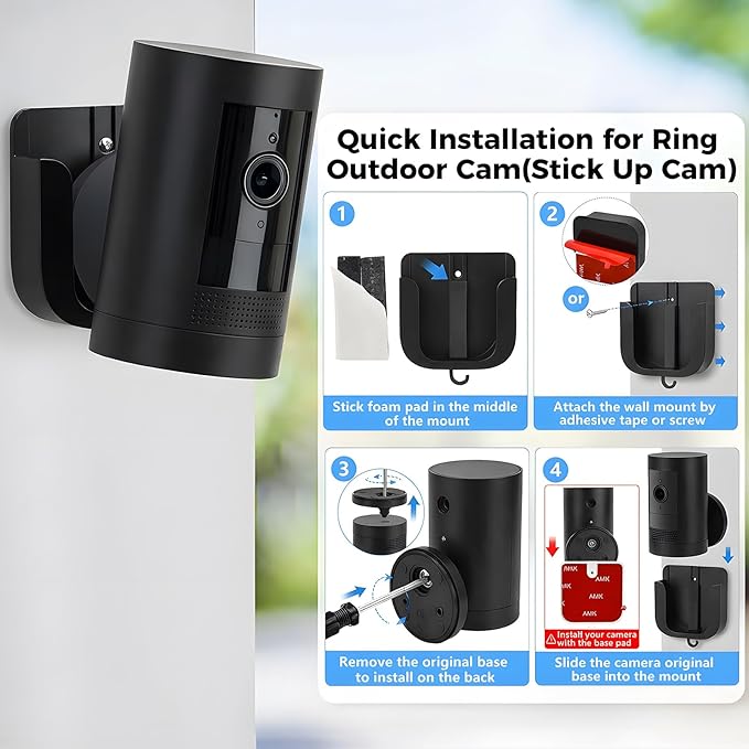 No Drill Wall Mount for Ring Outdoor Cam Plus, Adhesive Indoor Camera Mount with Strong Tape and Screws, Two Ways Easy Installation, 2Pack(Black)