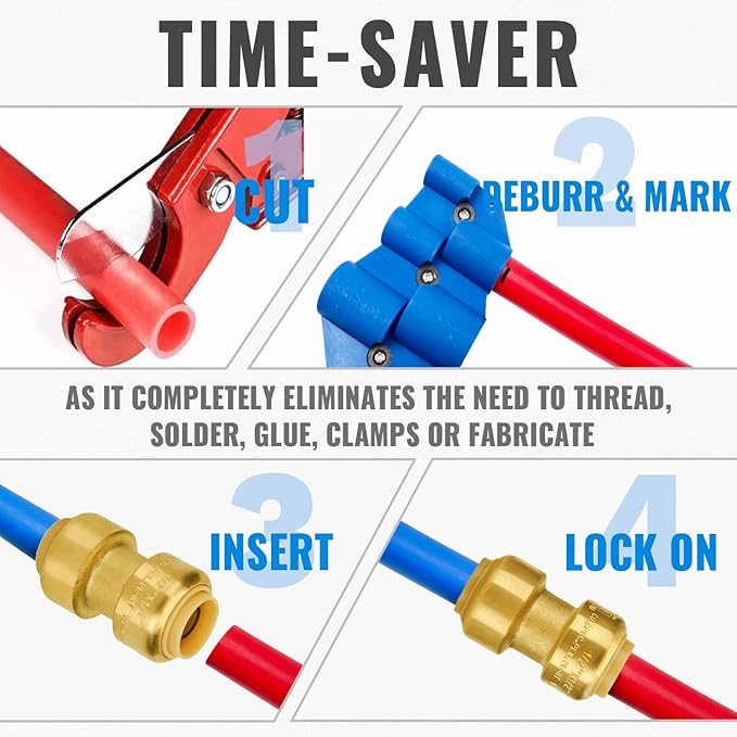 SUNGATOR Pushfit Plumbing Fitting Assortment 1/2 Inch, Straight Coupling (10 PCS), Tee (5 PCS), No Lead Brass Push to Connect Pex, Copper, CPVC, with A Disconnect Clip, Pack of 15