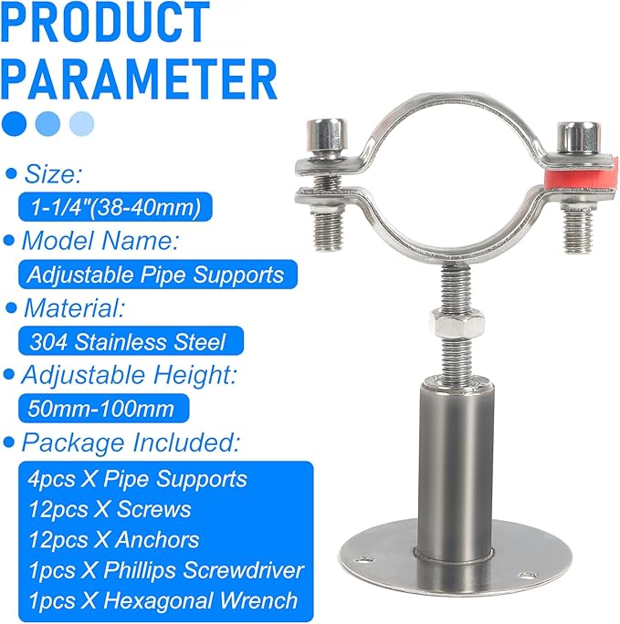 Kodilin 4PCS 304 Stainless Steel Wall Mount Ceiling Mount Pipe Supports,Suitable for OD Pipe 1-1/4"(38-40mm),Adjustable Height 50-100mm,Adjustable Pipe Strap Clamp with Screws
