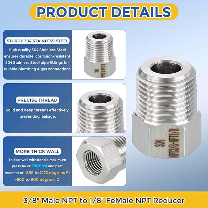 5 Pack 304 Stainless Steel Pipe Fittings, 3/8" MNPT to 1/8" FNPT Hex Bushing Reducer, Hose Tube Threaded Adapters for Air, Oil, LP, Gas