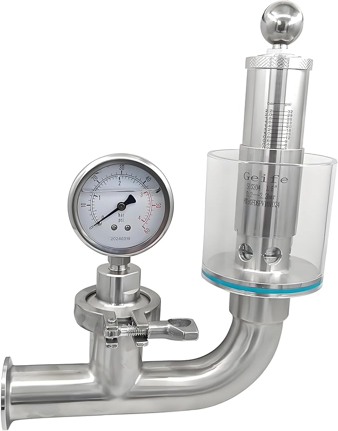 1.5" Tri Clamp Spunding Valve with TC Diaphragm Pressure Gauge, SS304 Stainless Steel, 0.2-2.2 bar/psi Adjustable Pressure Release