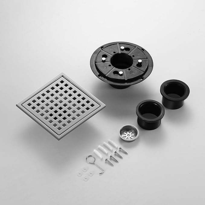 Shower Drain, Chrome 6 inch Square Shower Floor Drain with Flange, Silver Removeable Grid Panel SUS 304 Stainless Steel Square Shower Drain