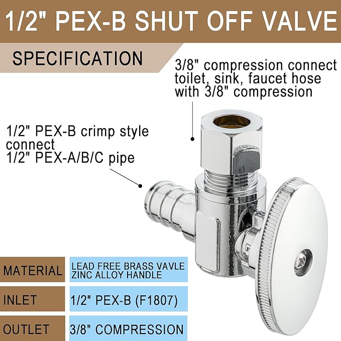 [10 Pieces] Lingmfg Angle Valve Shut Off Valve 1/2" PEX-B Crimp x 3/8" Compression LING-AV38-1/2F1807-A-10