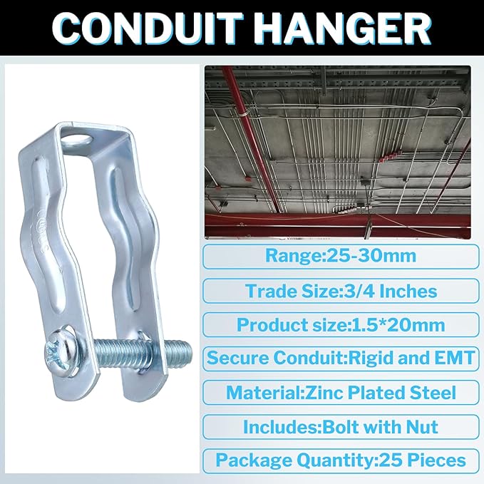 25 Pcs EMT Conduit Hanger with Bolt,Insulated Supports or Threaded Rods,Metal Galvanized Conduit Clamps Strut Straps and Hangers Rigid Pipe Fittings Mounting(3/4 Inch)