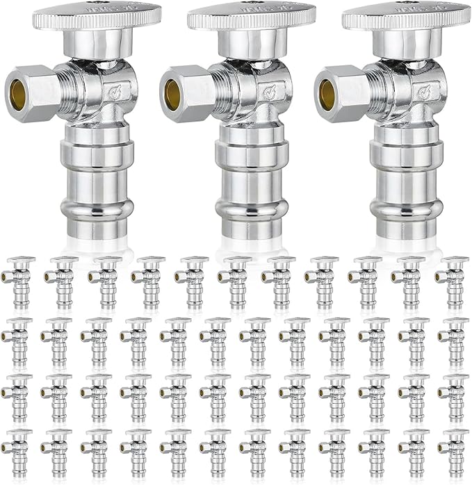 50-Pack GUOFIS Angle Stop Valve,1/2" Nominal Press Inlet x 3/8" OD Compression Outlet,1/4-Turn Shut-off Valve for Potable Water(Chrome Plated)(VALVE393-50Pack)