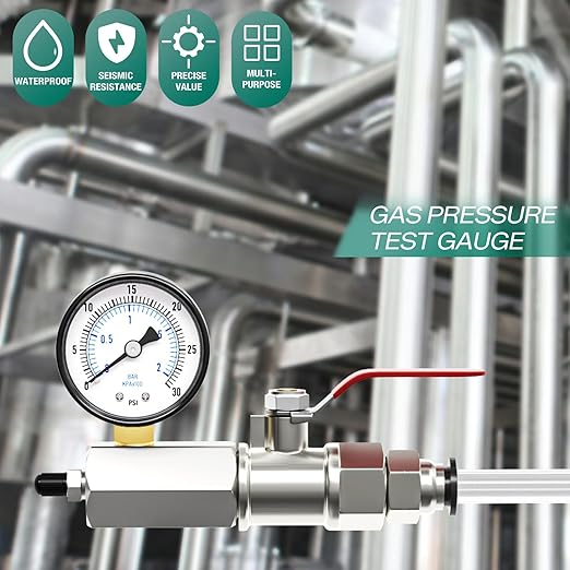 0-30PSI Gas Test Pressure Gauge, 2" Dial Size, 3/4" FNPT Connection, -3-2-3% Accuracy, Brass Valve, Chrome Plated Steel Body Assembly, for as Well as Gas line, air Circuit, Pressure Test