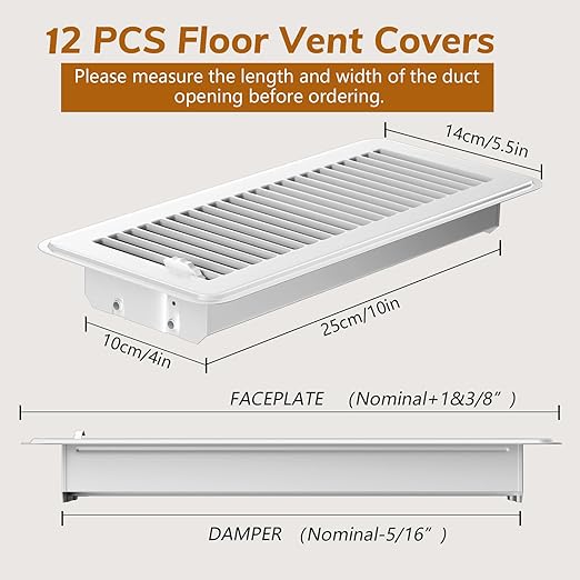 12Pcs Floor Vents Floor Registers 4x10 Inch, Heavy Duty Metal Hot Air Vent Covers 4x10 Inch with Rust-Proof Finish for Home Heater Floor Vent Grilles and Vents