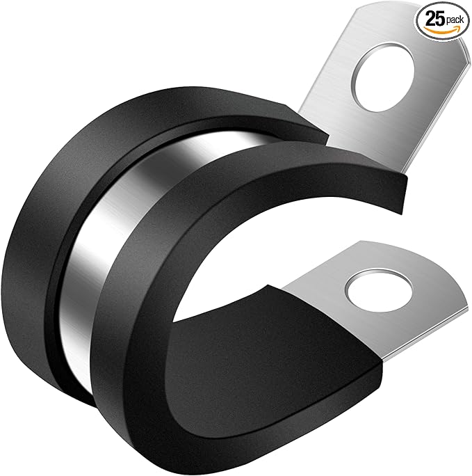 1/4 Inch Cable Clamps, 25 Pack Stainless Steel Wire Clamps, Rubber Metal Hose Clamps for Wire Line Clips, Pipe Clamps, Tube clamps (6mm)