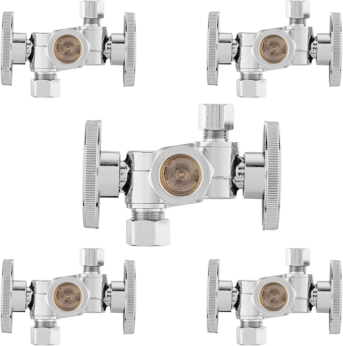 5-PCs HeSun Dual Shut Off Angle Valve, 1/2" Nominal (5/8"OD) x 3/8" OD x 1/4" OD Compression, 1/4-Turn Stop Valve with 2 Shut Offs, PEX Chrome Plated Brass(VALVE137-5)