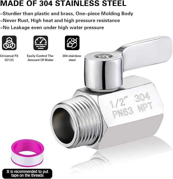[2 Pack] Shower Head Shut Off Valve,304 Stainless Steel Mini Ball Valve NPT Thread(1/2"),Shower Head Flow Control Valve