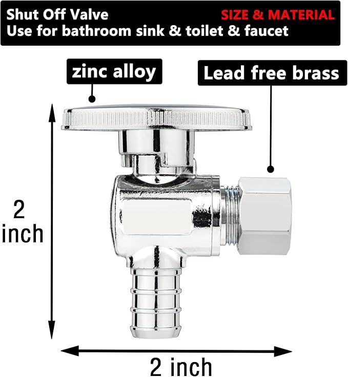 (10 Pack) Lidertik 1/2 inch Crimp PEX-B Angle Stop Valve 1/2 inch x 3/8 inch Compression for Water Toilet Bathroom Sink Brass Plated Chrome 1/4 Turn Valve LI-JF1-1807-A(10 PCS)