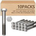 10 Pack 5/8-11 x 4in'' Hex Head Cap Screw Bolts, External Hex Drive, Stainless Steel 304, Partially Threaded, Corrosion Resistant, for Machinery, Automotive, Metal and Furniture