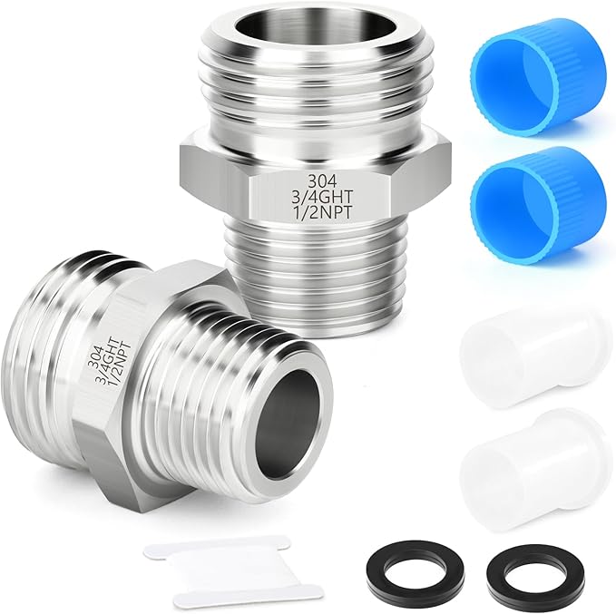TAISHER 2PCS 304 Stainless Steel Garden Hose Adapter, 3/4" GHT Male x 1/2" NPT Male Garden Hose Connector with Washers