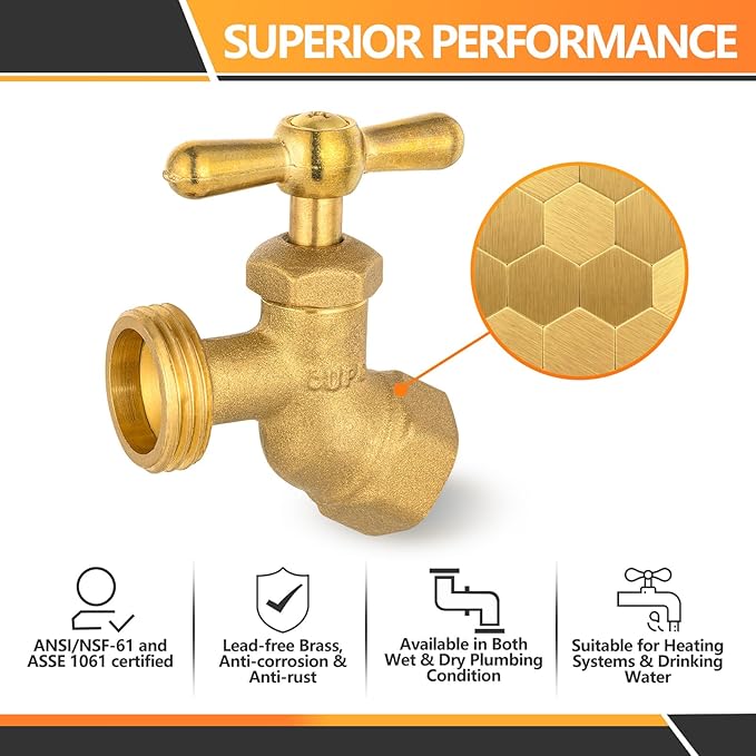 HeSun 10-Pack Brass No-Kink Hose Bibb Valve, 3/4" FIP Inlet x 3/4" MHT Outlet, Garden Hose Faucet/Valve(BIBCOCK010-10)