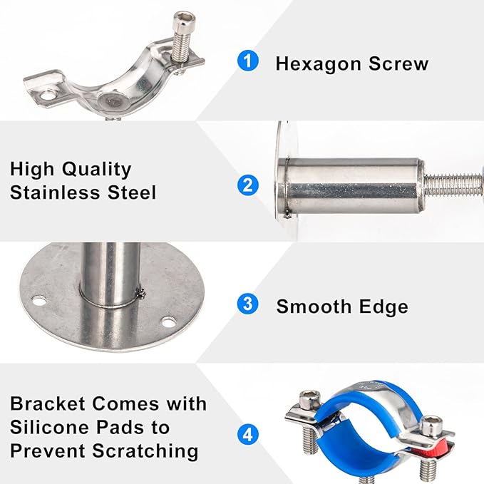 Kodilin 4PCS 304 Stainless Steel Wall Mount Ceiling Mount Pipe Supports,Suitable for OD Pipe 1-1/2"(42-45mm),Adjustable Height 100-145mm,Adjustable Pipe Strap Clamp with Screws