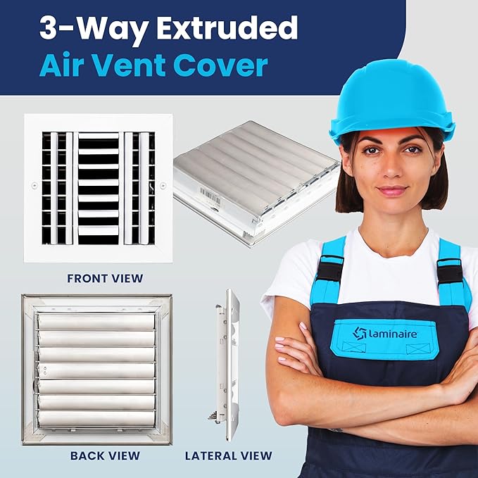 8x8 Inch (Duct Opening) Aluminum 3-Way Air Flow Vent – HVAC Vent Cover for Wall or Ceiling – Quiet HVAC Wall Register with Multi-Shutter Damper – Adjustable Curved Blade - Plastic Seal for Tight Fit